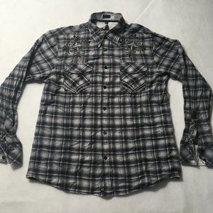 Roar Button Up Embroidered Long Sleeve Stiped Plaid Shirt Mens Medium Casual